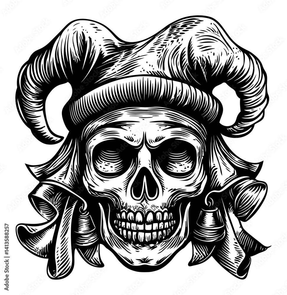 Naklejka premium Intricate Woodcut Design Featuring a Skull with Curved Horns