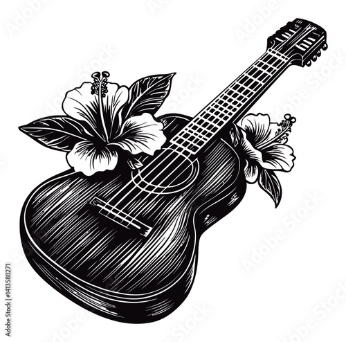 Detailed Woodcut Style Ukulele with Hibiscus Flowers Design