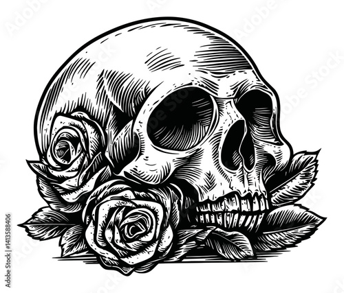 Engraving of a Skull Surrounded by Roses in Monochrome Style