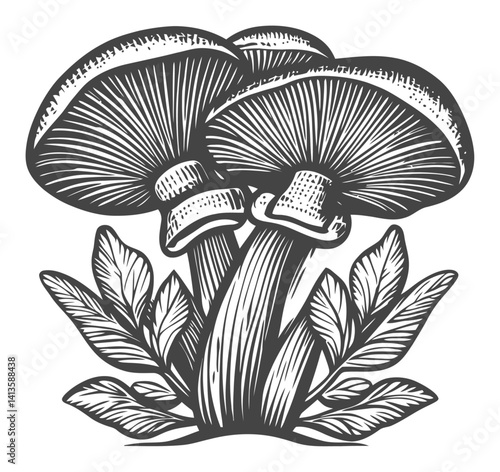 Detailed Black and White Engraving of Mushrooms with Leaves
