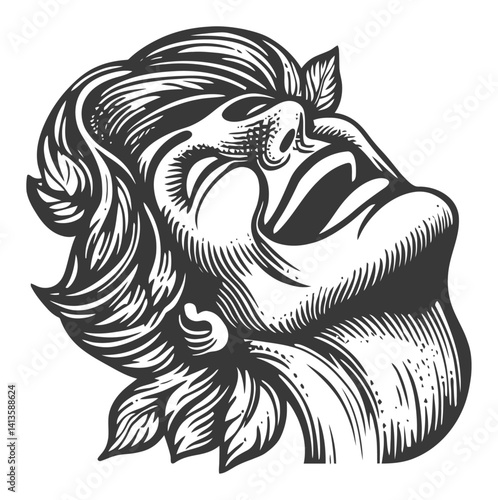 Vintage Engraving of a Joyful Man with Flowing Hair in Black and White