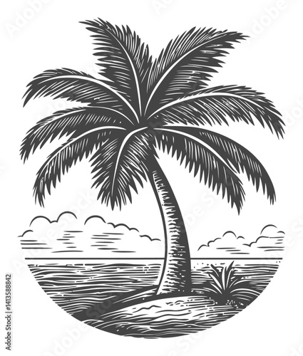 Elegant Engraving of a Palm Tree by the Seaside in Monochrome Style