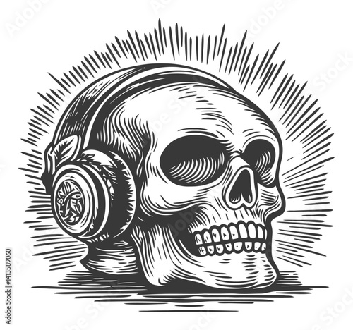 Skull with Headphones Engraving in Monochrome Style Art