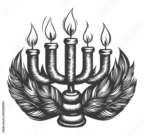 Vintage Engraving of Menorah with Flames and Decorative Leaves