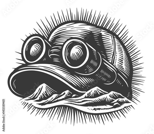 Vintage Engraving of Cap and Goggles with Mountain Landscape Design