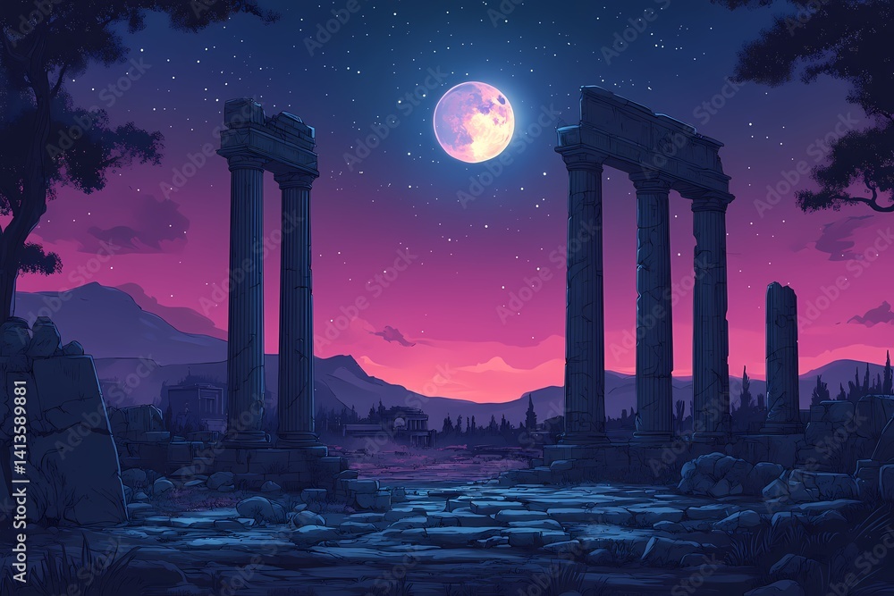 Fototapeta premium Ancient Ruins and Columns Under Night Sky: Mystical Landscapes and Archaeological Heritage