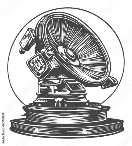 Detailed Engraving of Vintage Phonograph in Black and White Style