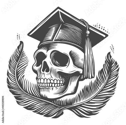 Engraving of Skull with Graduation Cap and Laurel Leaves Design