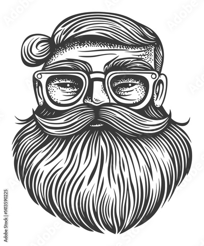 Stylish Engraving of a Bearded Man with Glasses and Unique Hair