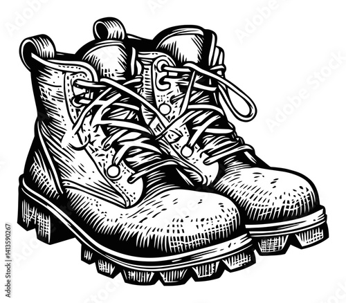 Vintage Woodcut Illustration of Sturdy Boots on White Background