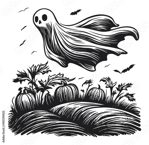 Eerie Woodcut Style Ghost Among Pumpkins and Bats