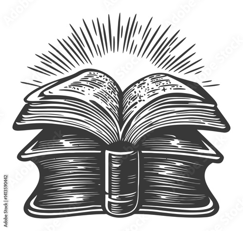 Vintage Engraving of Open Book with Radiant Lines Above It
