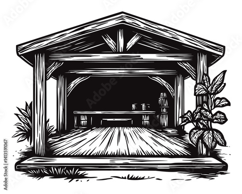 Rustic Woodcut Design of Open Shelter with Plant Elements