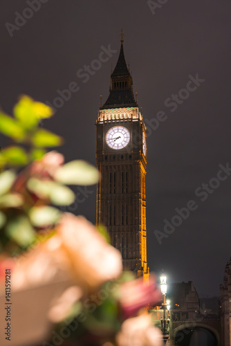 Big Ben stands illuminated against a dark night sky in London. Blurred flowers in the foreground and a streetlamp add depth to the urban scene.