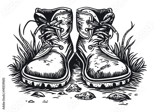 Detailed Woodcut of Work Boots Surrounded by Grass and Stones