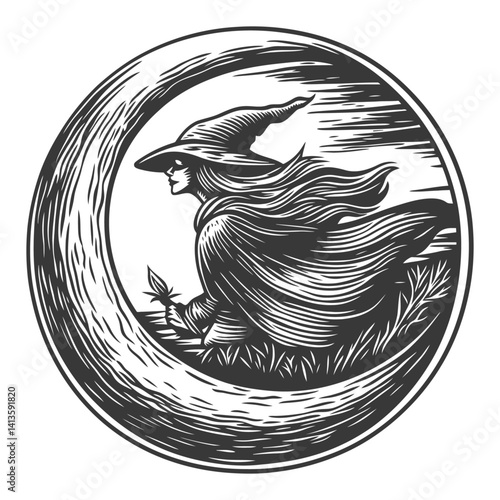 Enchanted Witch in a Moonlit Night Engraving Illustration Art