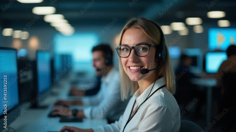 Smiling Female Customer Service Agent in Modern Call Center at Night Smiling Female Customer Service Agent in Modern Call Center at Night