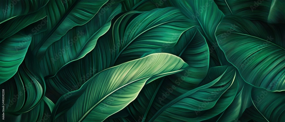 Flowing layers of glowing green tropical leaf textures in a lush environment Flowing layers of glowing green tropical leaf textures in a lush environment