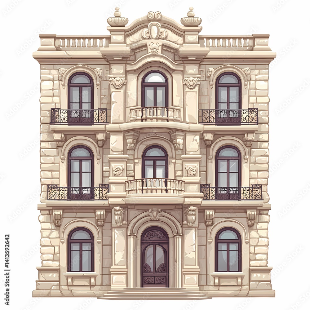 Obraz premium Classic Urban Townhouse Facade. Ornate Architecture with Historical Elegance and Stonework Detailing