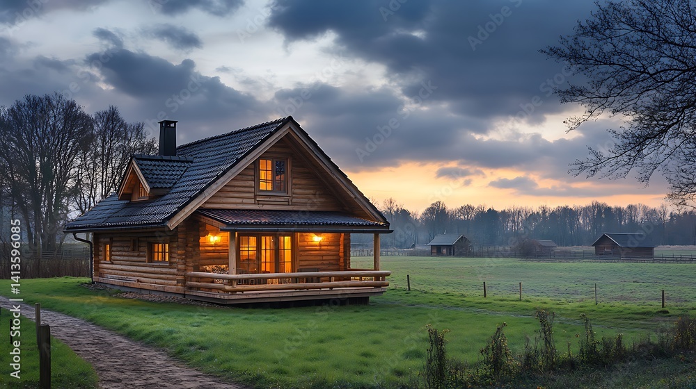 Obraz premium Cozy Cabin at Sunset in Rural Landscape, A cozy wooden cabin with warm lights at sunset in a rural landscape