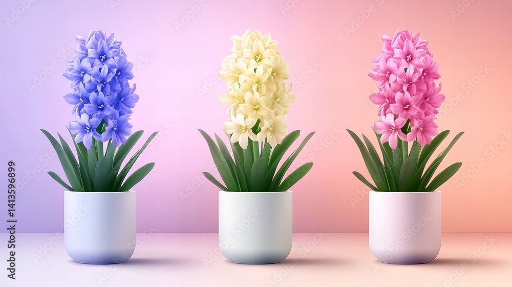 Three potted hyacinths display their colorful blossoms, featuring blue, yellow and pink flowers against a soft gradient background. Three potted hyacinths display their colorful blossoms, featuring blue, yellow and pink flowers against a soft gradient background.