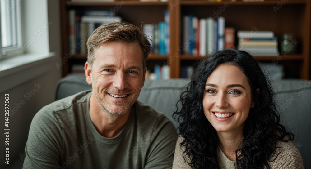 Man and woman smiling together on a sofa in a cozy living room with a bookshelf Man and woman smiling together on a sofa in a cozy living room with a bookshelf