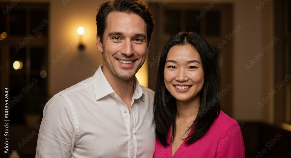 Two people smiling and posing for the camera indoors Two people smiling and posing for the camera indoors