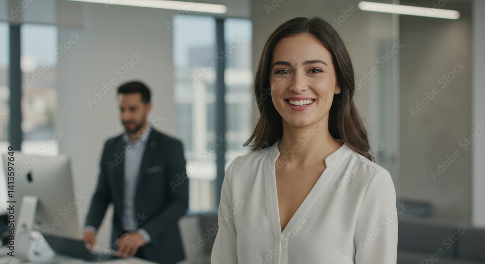 Woman in white blouse smiling at camera in modern office with man working at desk Woman in white blouse smiling at camera in modern office with man working at desk