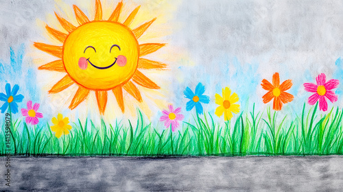 Smiling sun shining over colorful flowers and green grass in a chalk drawing