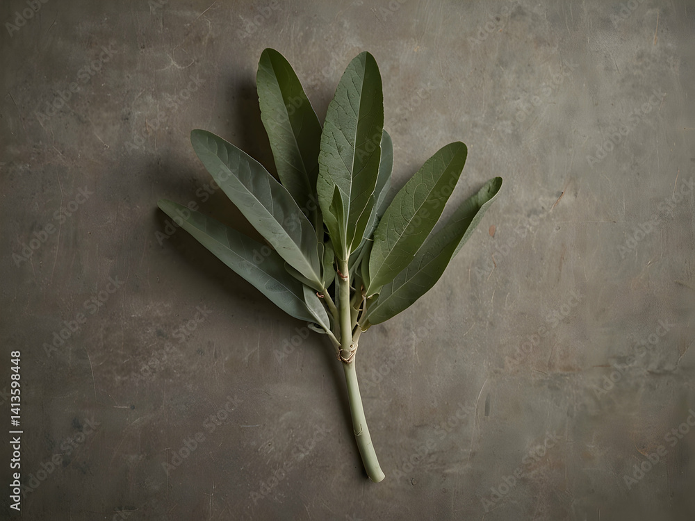 Fresh Sage Sprig with Velvety Elongated Leaves Fresh Sage Sprig with Velvety Elongated Leaves