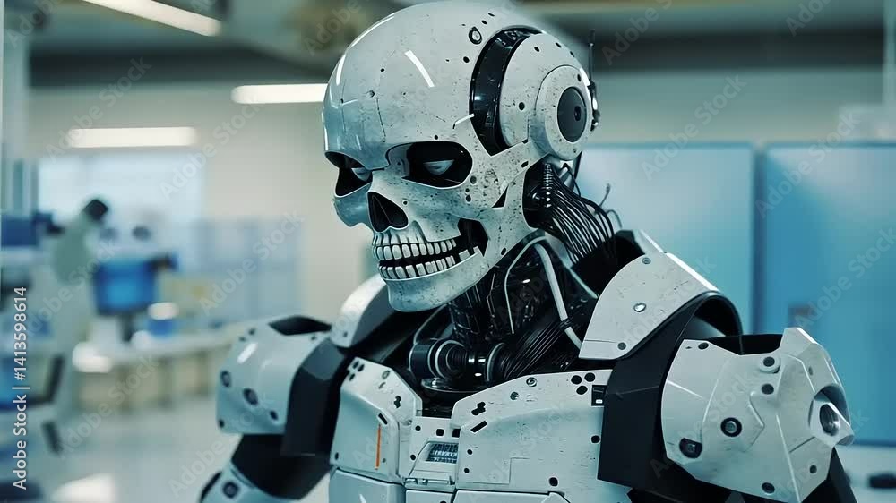 Futuristic humanoid robot with a skeletal design, exploring a high-tech laboratory setting Futuristic humanoid robot with a skeletal design, exploring a high-tech laboratory setting
