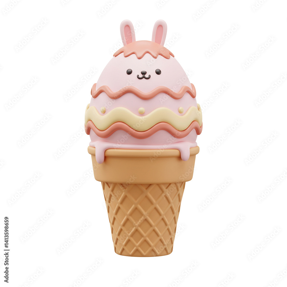 Whimsical pink ice cream with bunny ears in a cone Whimsical pink ice cream with bunny ears in a cone