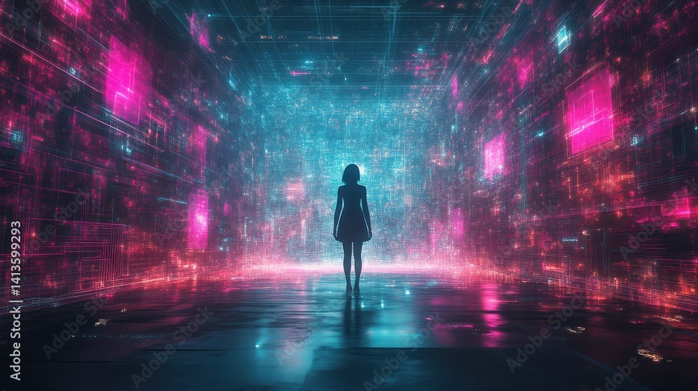 Silhouette in a Futuristic Digital Landscape Cyberpunk Aesthetic Neon Lights Technology Back Silhouette in a Futuristic Digital Landscape Cyberpunk Aesthetic Neon Lights Technology Back