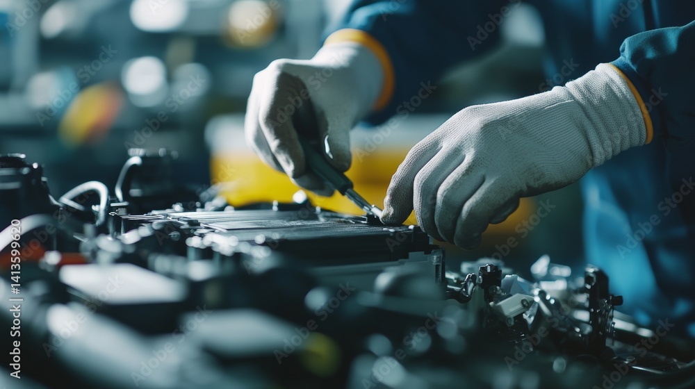 Mechanic replacing a car battery in an auto repair shop. Featuring automotive repair and battery maintenance Mechanic replacing a car battery in an auto repair shop. Featuring automotive repair and battery maintenance