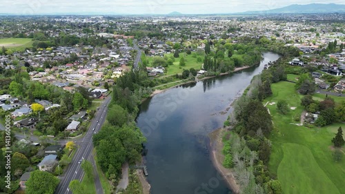 Aerial View of Waikato River and Suburban Hamilton, New Zealand