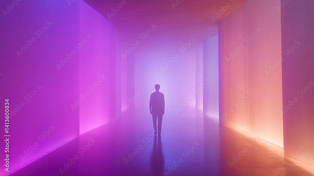 Silhouette Walking Through a Colorful Foggy Tunnel with Purple and Orange Lighting Silhouette Walking Through a Colorful Foggy Tunnel with Purple and Orange Lighting