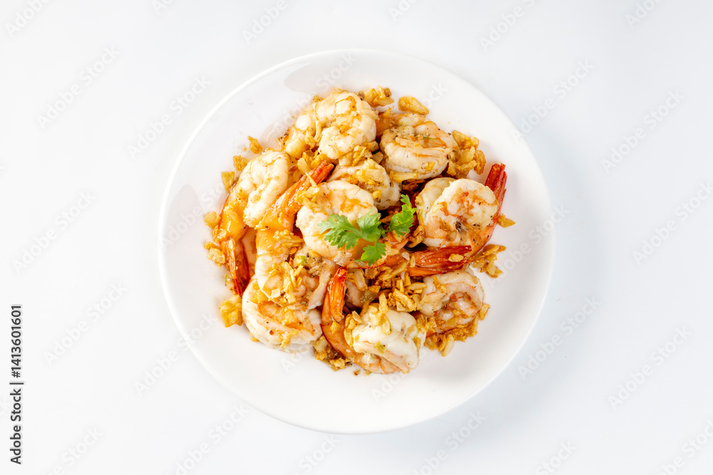 Fried shrimp with garlic and pepper on white plate - seafood style Fried shrimp with garlic and pepper on white plate - seafood style