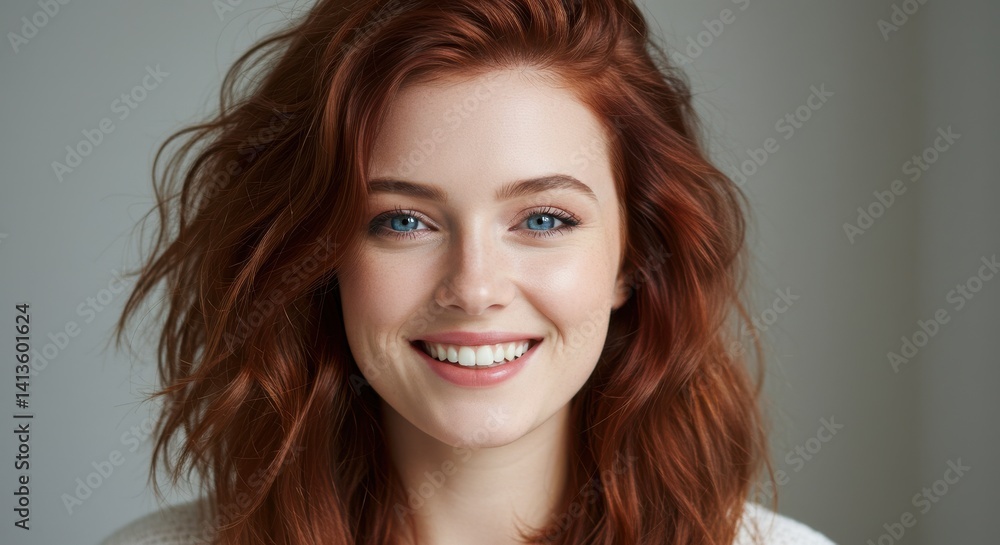 Fototapeta premium Close-up portrait of a young woman with striking red hair and bright blue eyes smiling warmly