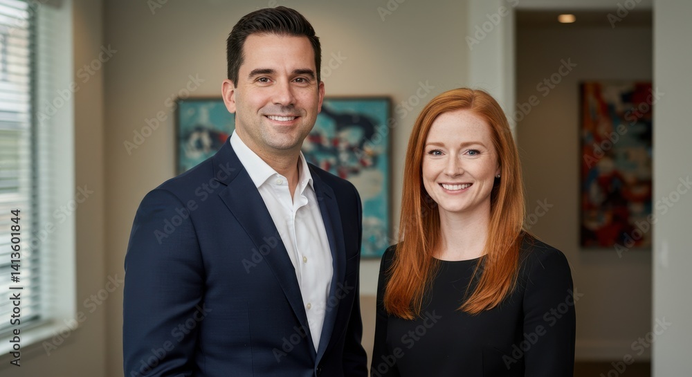 Two smiling professionals posing in an office with abstract art on the wall Two smiling professionals posing in an office with abstract art on the wall