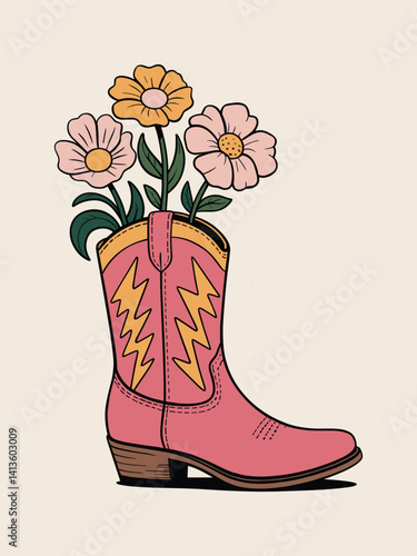 Pink Cowboy Boot with Flowers and Lightning Bolt