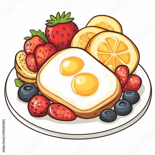 Vibrant Breakfast Illustration. Eggs, Fresh Fruit & More in Colorful Food Art Design
