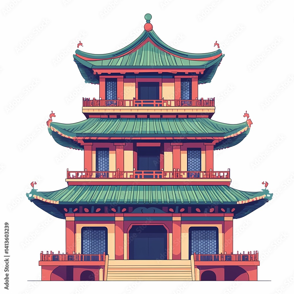 Ornate Pagoda Architecture in East Asia - Traditional Temple Design with Vibrant Green Roof and Red Accents Ornate Pagoda Architecture in East Asia - Traditional Temple Design with Vibrant Green Roof and Red Accents