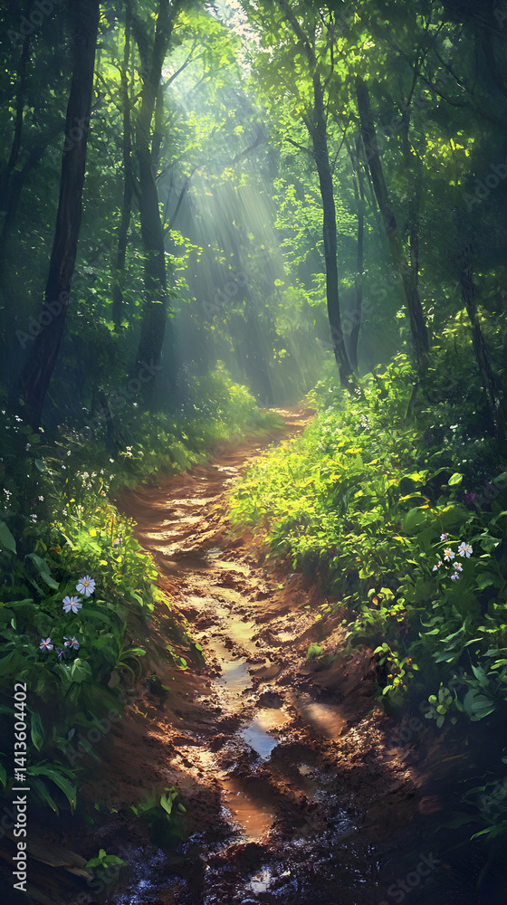 Fototapeta premium Nature's Challenge: Navigating Muddy Trails in Lush Paradise