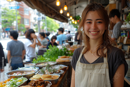 Wallpaper Mural A woman is smiling and standing in front of a table full of food Torontodigital.ca