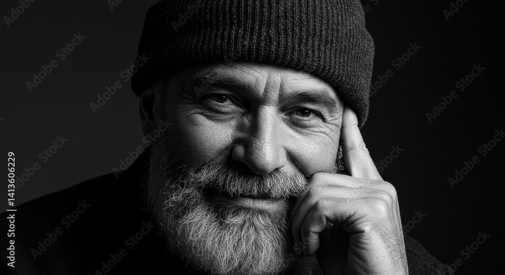 Close-up portrait of an older man in a knitted beanie with a thoughtful expression Close-up portrait of an older man in a knitted beanie with a thoughtful expression