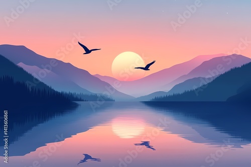 Sunrise Over Misty Mountains. A Tranquil Lake Reflection with Silhouette Birds in a Dreamy Landscape