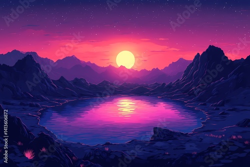 Breathtaking Sunset Over Lake with Mountain Reflections - Vibrant Digital Art of Tranquil Wilderness Landscape