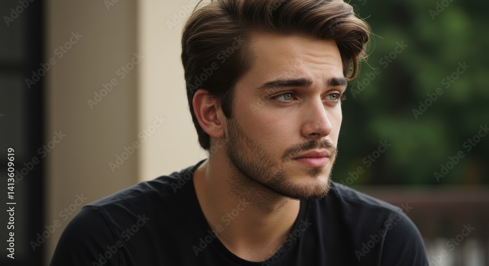 Fototapeta premium Close-up portrait of a young man with a serious expression and light stubble beard