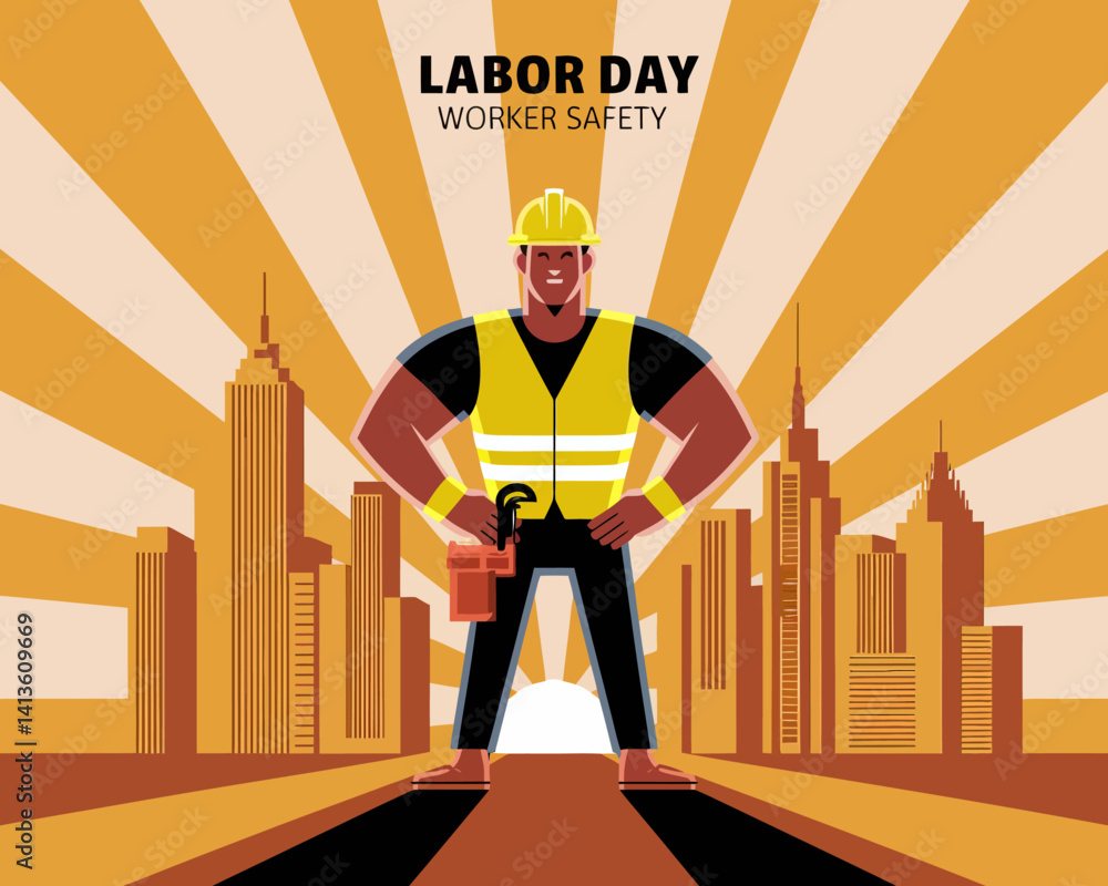 Fototapeta premium 2d vector colorful poster for labor day , work industry equipment , worker , safety . 