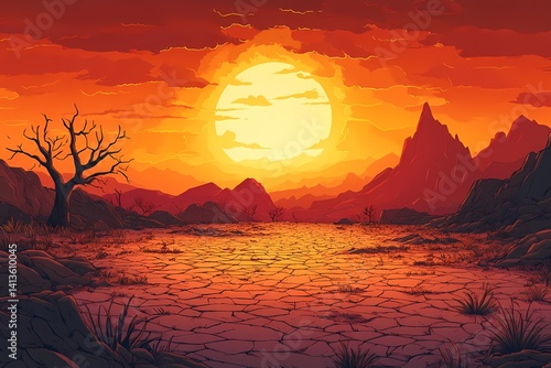 Vibrant Twilight in an Arid landscape. Colorful Sunset over Barren Desert Mountains with Dramatic Orange Sky